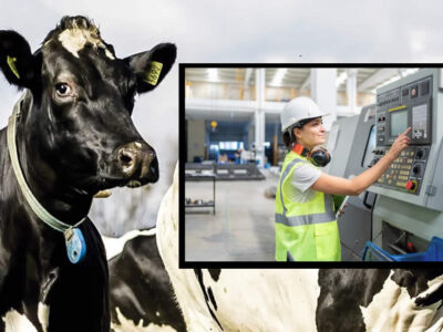 Vaca y trabajadora industria lácteos