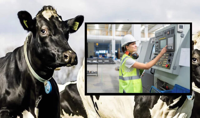Vaca y trabajadora industria lácteos