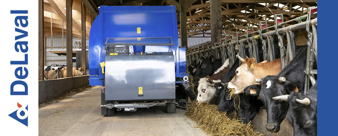 Robot OptiWagon de Delaval echando de comer a las vacas Frisona