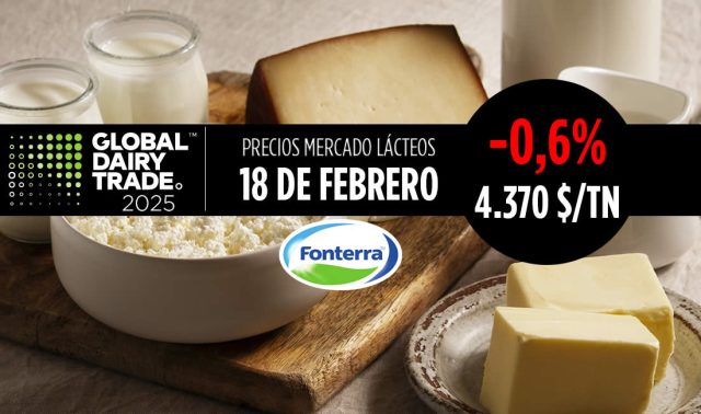 Subasta lácteos Fonterra 18 febrero 2025 con leche mantequilla y queso Cheddar