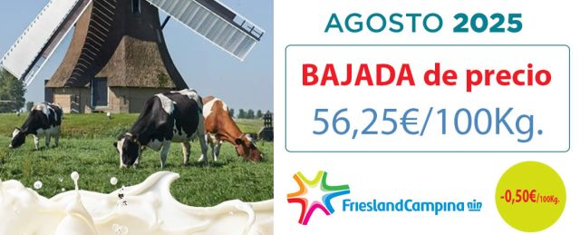 Friesland Campiña, precio garantizado de leche de vaca en granja de 56,25€ para agosto de 2025