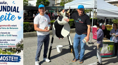 AGROMURALLA celebra el día mundial de la leche con un acto de distribución en betanzos para sensibilizar a la población sobre los beneficios del sector agro-lácteo para la salud y el territorio